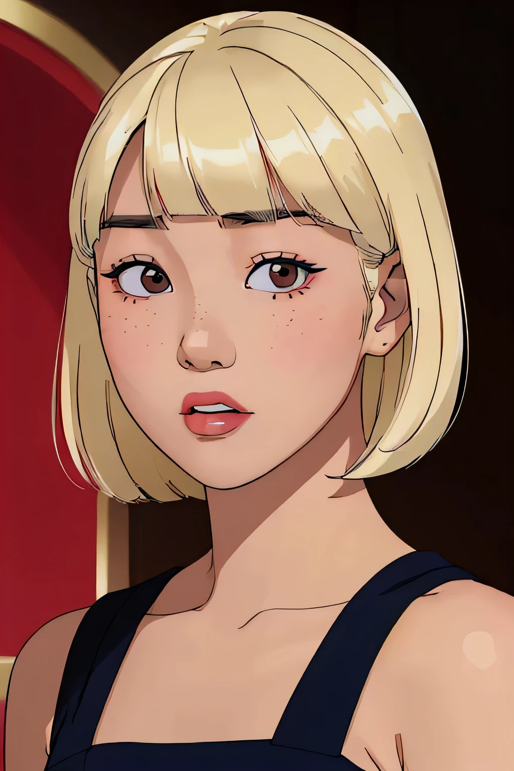  (Beautiful Korean woman who looks like Kim Chae-Won looking at viewer:1.5),(short platinum blonde hair with straight bangs:1.2), 26 years old,brown eyes, surprised candid look, no forehead, light freckles on nose bridg, bare shoulders, portrait 