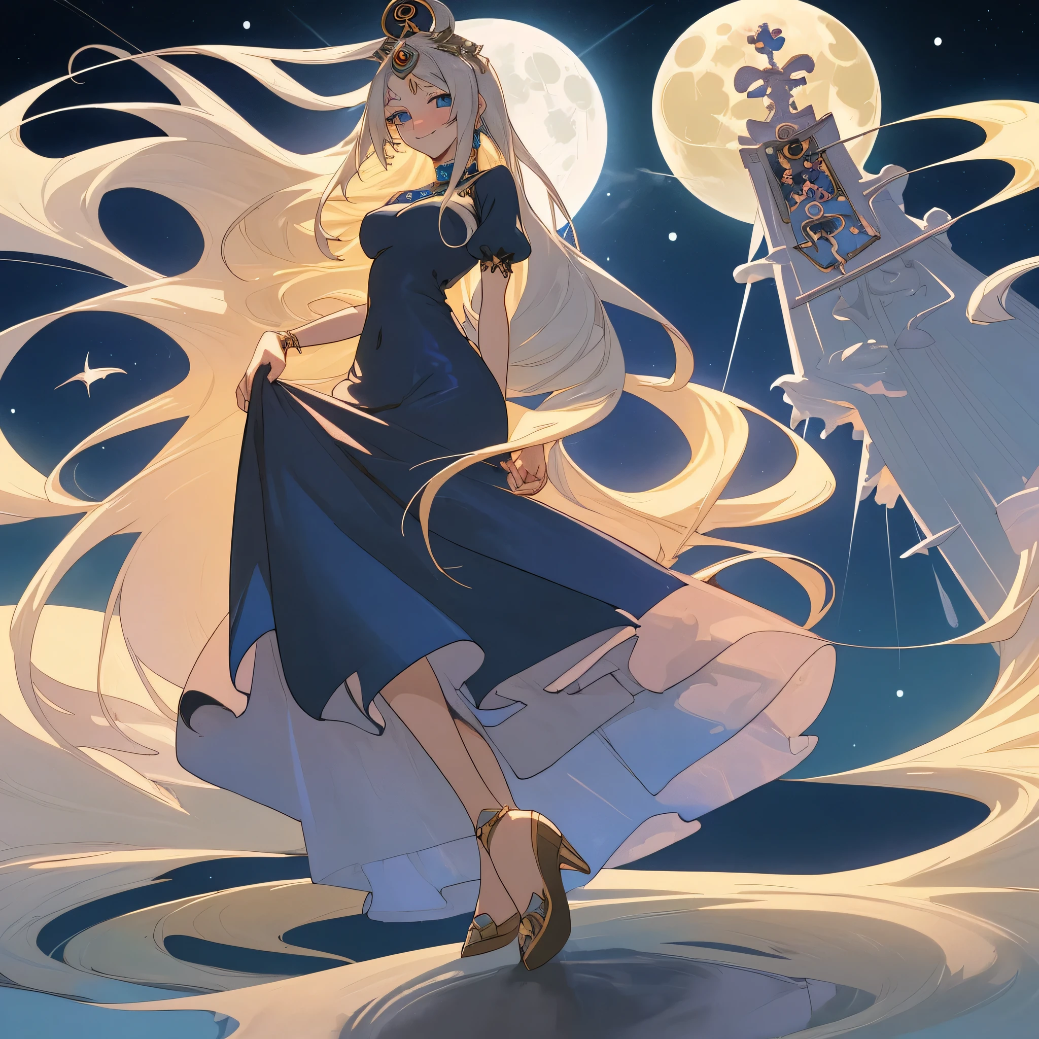 One girl, Anime illustration, detailed, beautiful, Anime Art, Anime Art, Tarot Card Moon, Long Hair, Blonde Hair, Bright Blue Eyes, There is a large full moon in the background, Elegant long dress, Dark Blue Dress, smile, A slight blush, Silver Jewelry, Shivanar Land, Open Hair, Elegant pose, Ultra HD