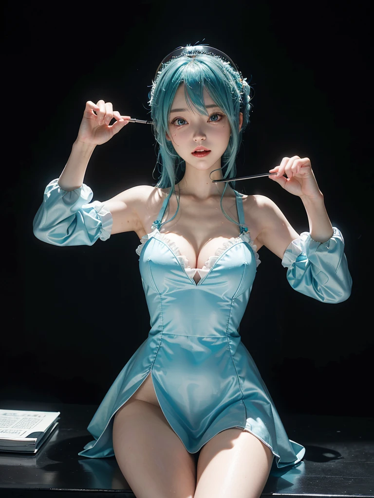 (8k, highest quality, masterpiece:1.2), Super detailed, (front focus), (in the dark:1.6), Hyperrealist portrait of female by david hockney and alphonse mucha, fantasy art, photo realistic, dynamic lighting, artstation, poster, volumetric lighting, very detailed faces, award winning,there is a doll sitting on a table next to a computer, mikudayo, pvc figurine, hatsune miku, pop up parade figure, miku, anime figurine, anime figure, she has pale blue skin!!!, white cyan, portrait of hatsune miku, rem rezero, anime peripheral, a happy meal toy of hatsune miku,anatomically correct,(cowboy shot:1.5),(in the dark, deep shadow, low key),Huge, full breasts,bared breasts,I can see her cleavage, (Cute smile, Upward glance),church,((in a seductive pose,sexually aroused face,With a face s in heat:1.6,Moist eyes:1.5,slightly open mouth):1.2))/