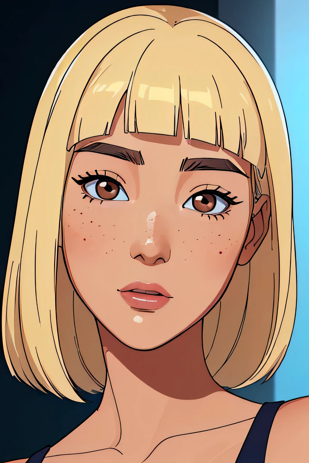  (Beautiful Korean woman who looks like Kim Chae-Won looking at viewer:1.5),(short platinum blonde hair with straight bangs:1.2), 26 years old,brown eyes, surprised candid look, no forehead, light freckles on nose bridg, bare shoulders, portrait 