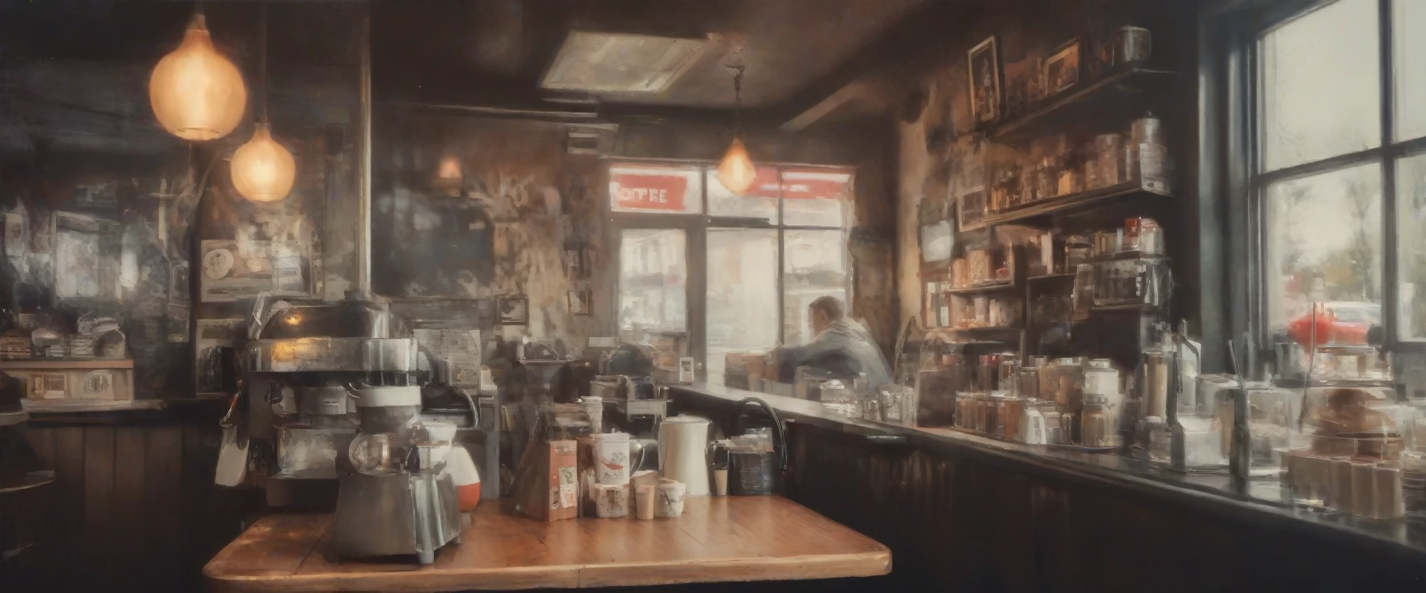 coffee shop scenery, Low saturation color photography, vintage, grunge, top light, masterful painting in the style of Anders Zorn | Marco Mazzoni | Yuri Ivanovich, Todd McFarlane, Aleksi Briclot, oil on canvas