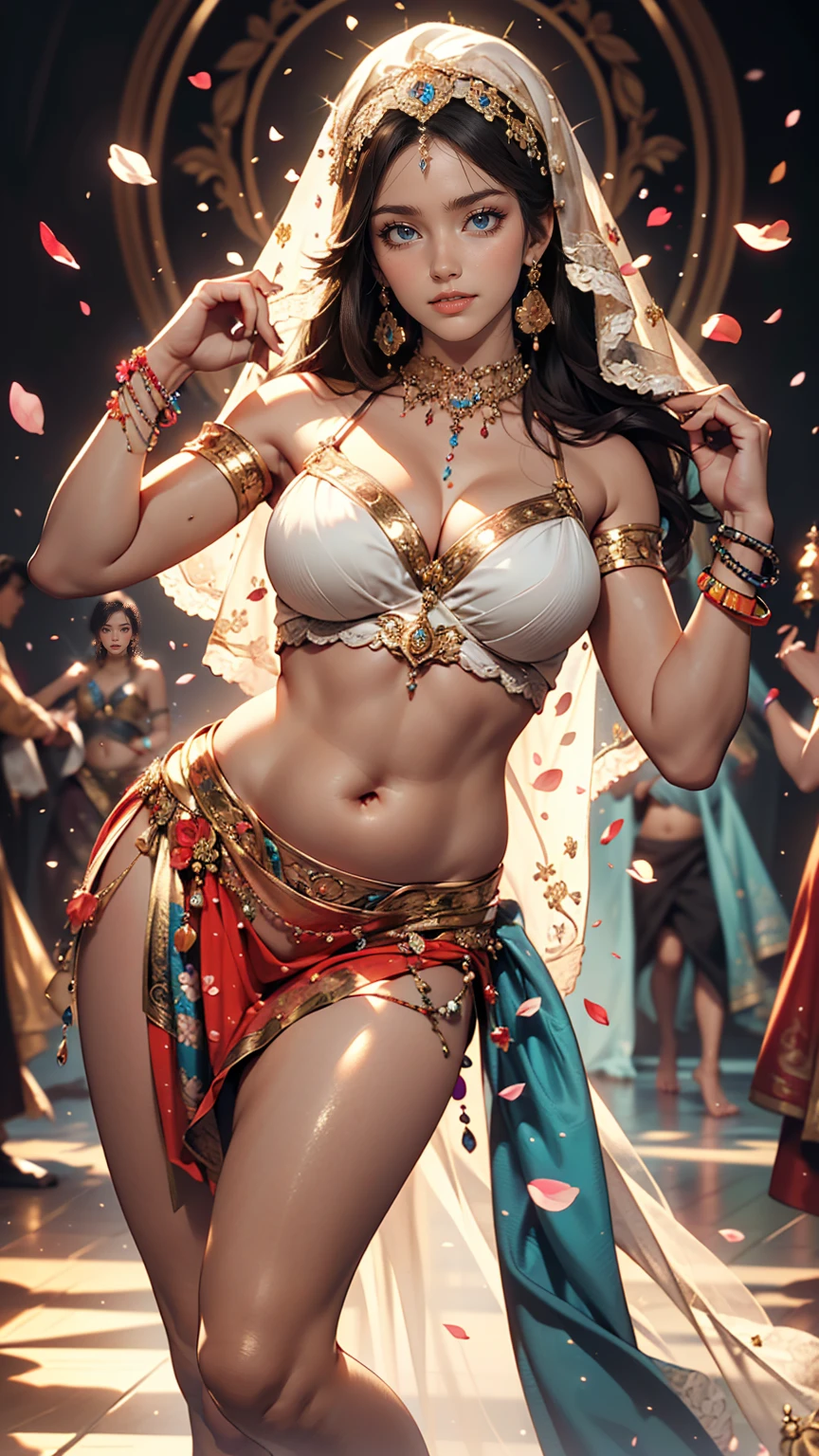 8K, RAW Photos, highest quality, masterpiece:1.2), (Realistic, photo-Realistic:1.37)、Earrings, eyelash, pantyhose、Sexy and provocative smile、 (Shiny skin:1.05)、Venus Body、Having her hair done、My chest is popping out、Wear accessories on your wrist、Wearing accessories on the ankle、Background blur((depth of field)、23 year old Arabian female、long hair、Wear a sexy belly dance costume、barefoot、Face Veil((mouth veil))Put on face、art nouveau background、Petals dance across the screen、Dancing belly dance with a bewitching smile