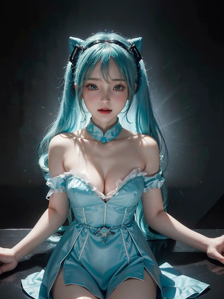(8k, highest quality, masterpiece:1.2), Super detailed, (front focus), (in the dark:1.6), Hyperrealist portrait of female by david hockney and alphonse mucha, fantasy art, photo realistic, dynamic lighting, artstation, poster, volumetric lighting, very detailed faces, award winning,there is a doll sitting on a table next to a computer, mikudayo, pvc figurine, hatsune miku, pop up parade figure, miku, anime figurine, anime figure, she has pale blue skin!!!, white cyan, portrait of hatsune miku, rem rezero, anime peripheral, a happy meal toy of hatsune miku,anatomically correct,(cowboy shot:1.5),(in the dark, deep shadow, low key),Huge, full breasts,bared breasts,I can see her cleavage, (Cute smile, Upward glance),church,((in a seductive pose,sexually aroused face,With a face s in heat:1.6,Moist eyes:1.5,slightly open mouth):1.2))/