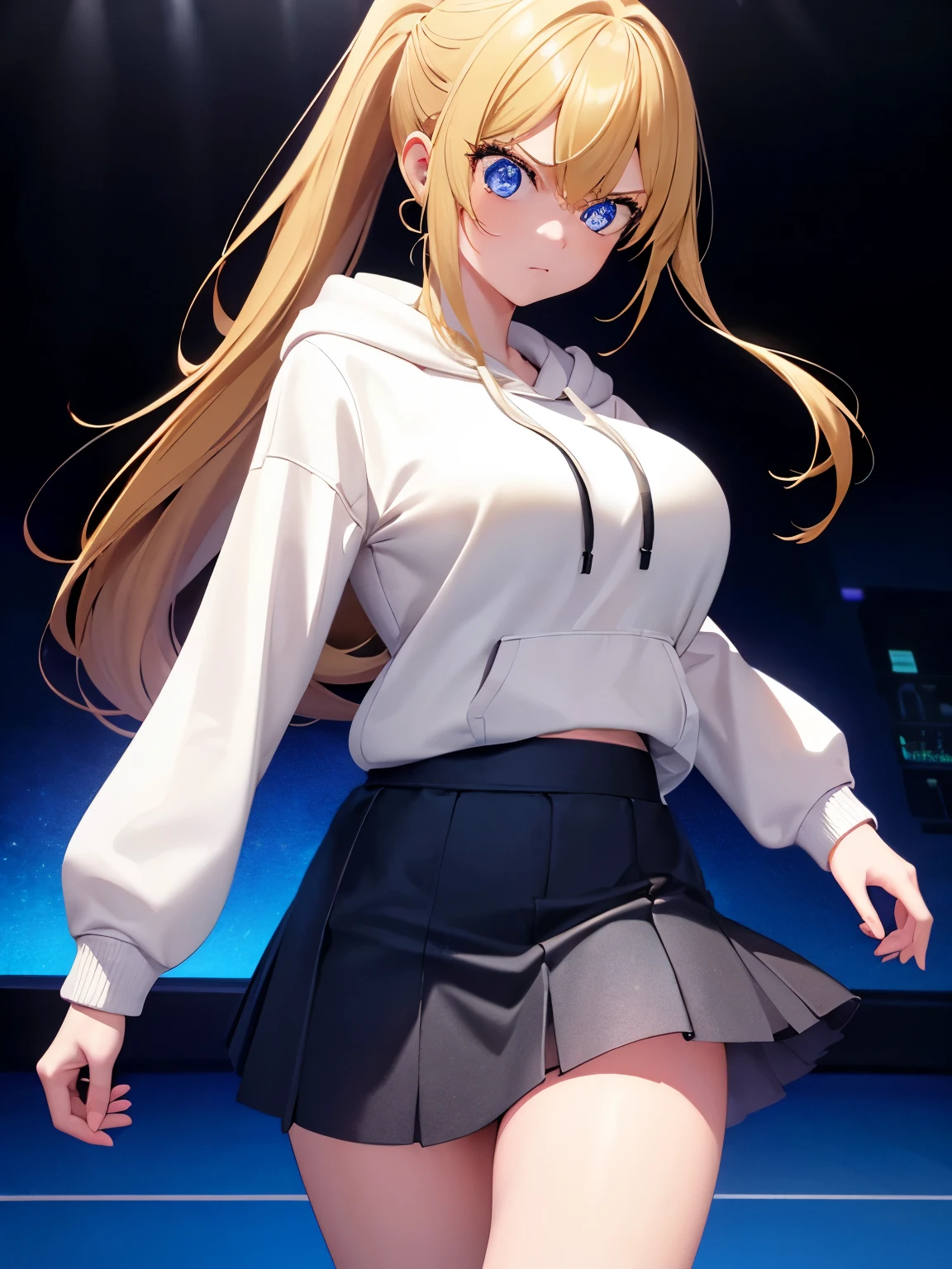 1woman,super beautiful,Standing, angry expression,,half body photo,Beautiful eyes, very detailed face,cute, tennis skirt,HD face, perfect face, white hoodie,long hoodie,black mini skirt,Very big breasts,Blonde hair,long hair,ponytail,bangs,blue eyes,ultra detail,ultra Hd, masterpiece,4k