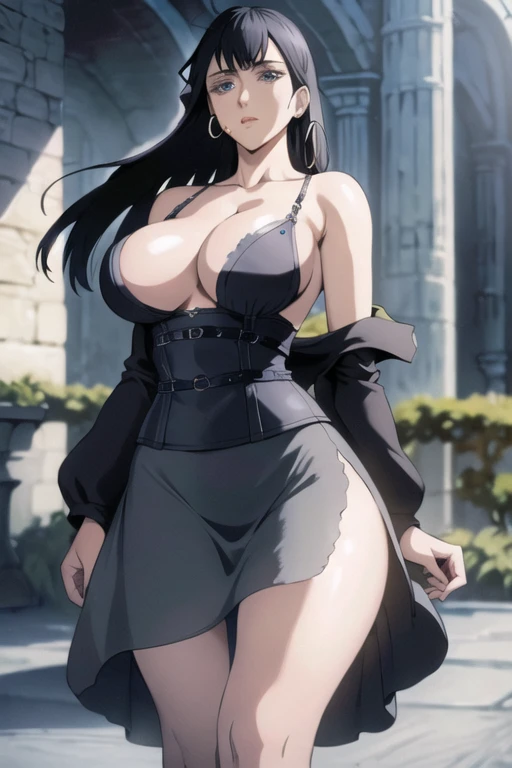 masterpiece, best quality,(Lolo Pechka),Black Hair, blue eyes,(Cowboy shooting),Lips,Jewelry, Solitary, (((Large Breasts、Low-cut,Cleavage, Wide hips,)))(Long legs), Hoop Earrings, Black skirt, watch, Off-shoulder sweater, Pencil Skirt, clavicle, Large Breasts,(Complex details, Ultra Detailed), Blurred background,Depth of Field, best quality, masterpiece, Intricate details, Tone Mapping, Clear focus, Ultra Detailed, Popular on artstation,1 girl, high resolution, Official Art