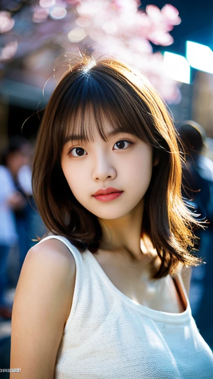 A girl named Sakura, Medium Hair, Brown Hair, Wavy Hair, 23 years old, busty, Slender, Round face, drooping eyes, shy, player's perspective, Backlight Flare, f/1.2, 50mm, Hasselblad, UHD, retina, masterpiece, ccurate, anatomically correct, textured skin, super detail, high details, high quality, best quality, highres, 1080P, HD, 4K, 8k, tank top