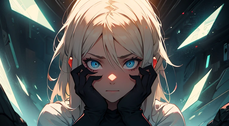 The girl sat in the dark and void environment, her expression was terrified, and the environment darkened and her hands struggled