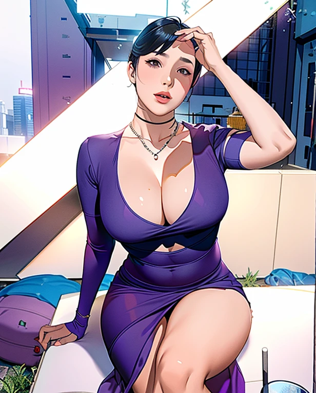 Beautiful woman in purple dress sitting on black bench (((Large Breasts、Low-cut，Cleavage, Wide hips,)))(Long legs)