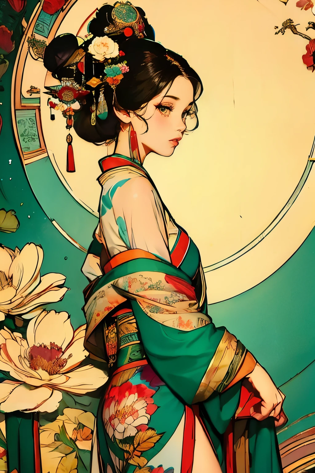 ((Masterpiece)), (Best Quality), (Cinematic), ((side portrait)), graceful upper body shot, golden yellow circle behind her head, Art Nouveau Painting,1girl, small breasts, moon goddess dressed in dark turquoise kimono dress with big flower prints, Big eyes, long, thick eyelashes, heels, 's full lips, emerald green eyes, black long hair is thick,floral headpiece, hanfu , fittings, art deco linework and watercolor background with 3d peonies in magenta, intricate designs and patterns in the style of Alphonse Mucha.