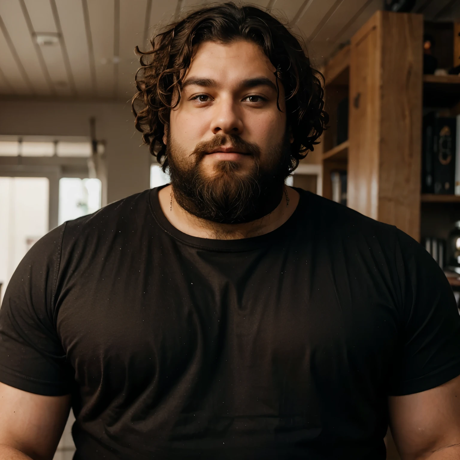 dark man , chubby , beard , curly hair