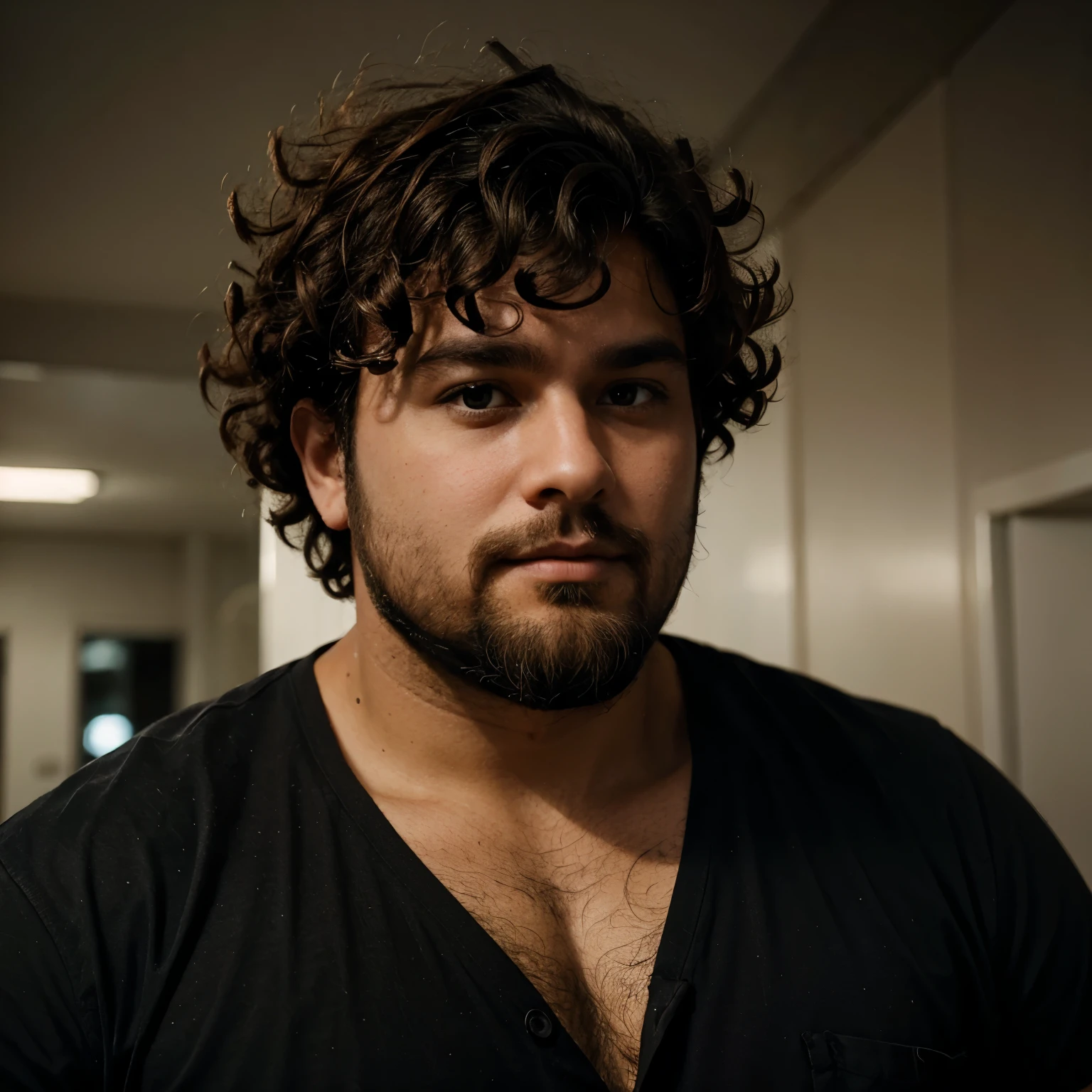 dark man , chubby , beard , curly hair