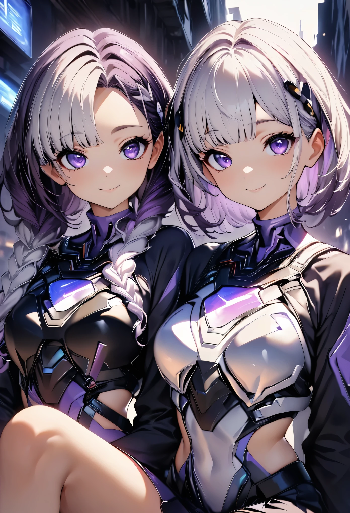 (highest quality:1.2, Very detailed, animeスタイル:1.4, anime, High Contrast, masterpiece:1.2, highest quality, Best aesthetics), Two Girls, Two girls sitting, sit side by side:1.2, (Girl on the right, short hair, White top, Black Breastplate,smile), (The Girl on the Left, Cyber Suit, Separated sleeves, Bare shoulders, Black top, Silver breastplate, Energy disk on chest, Black Mini Skirt, Belt connecting left and right sleeves, 黒に紫色のアクセントが入ったCyber Suit, ((White and purple gradient hair:1.4, Braided long hair, black and white hair accessories:1.2, Dark purple bangs:1.1, Asymmetrical bangs)), Purple Eyes, Double eyelids, Detailed face, Loose braid, Indifference, kind), Dark Color Palette, Dark Alley, night, Near future city, Lens flare, Perfect Anatomy.