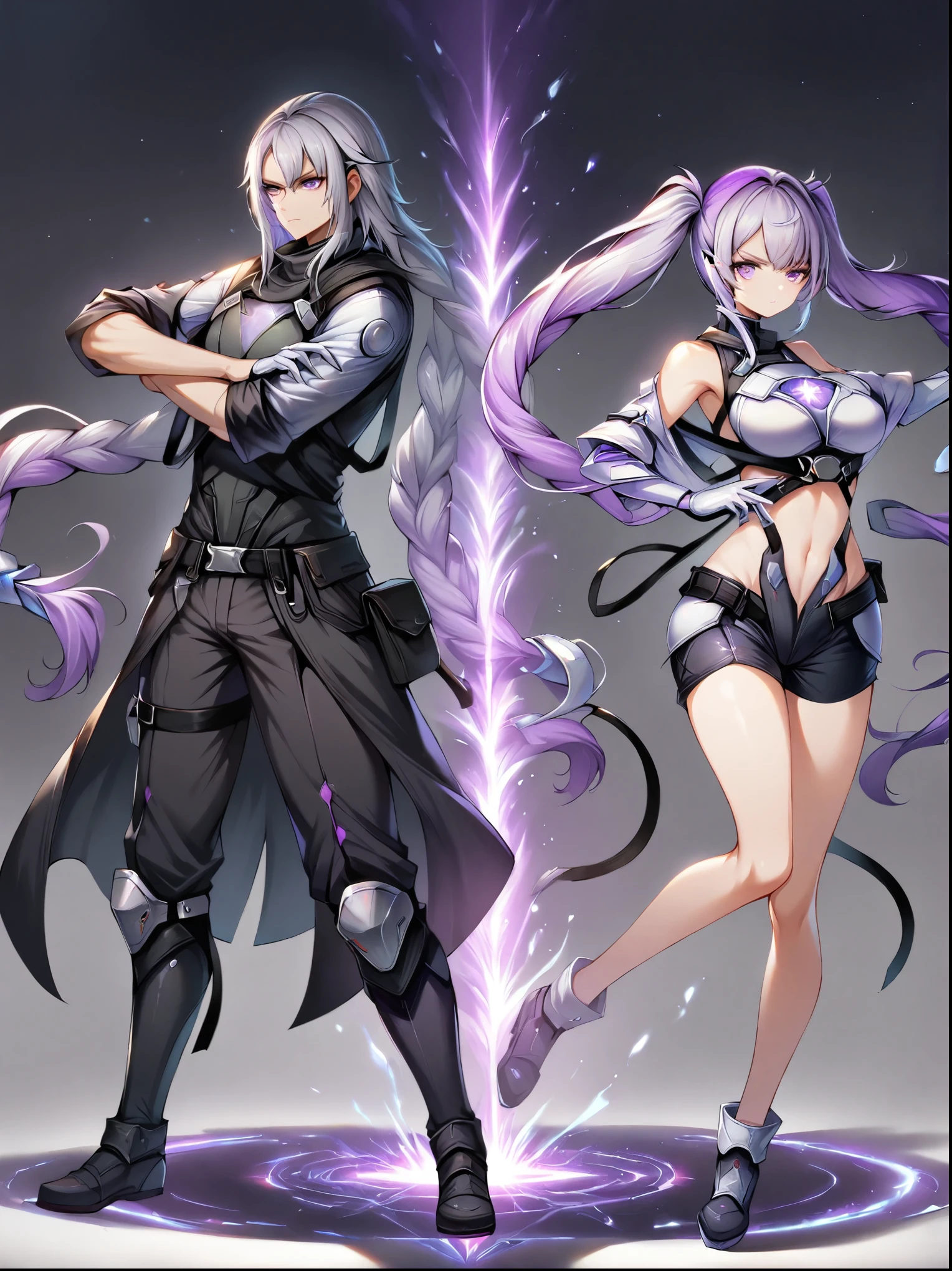 1girl，1boy，Back to Back，Fight alongside，Purple Hair，Purple Eyes，Very long hair，Gray hair，Double ponytails，White Mech SuitBREAK Black Mech Shorts, panoramic，whole body，The figure is in the center，1yj1