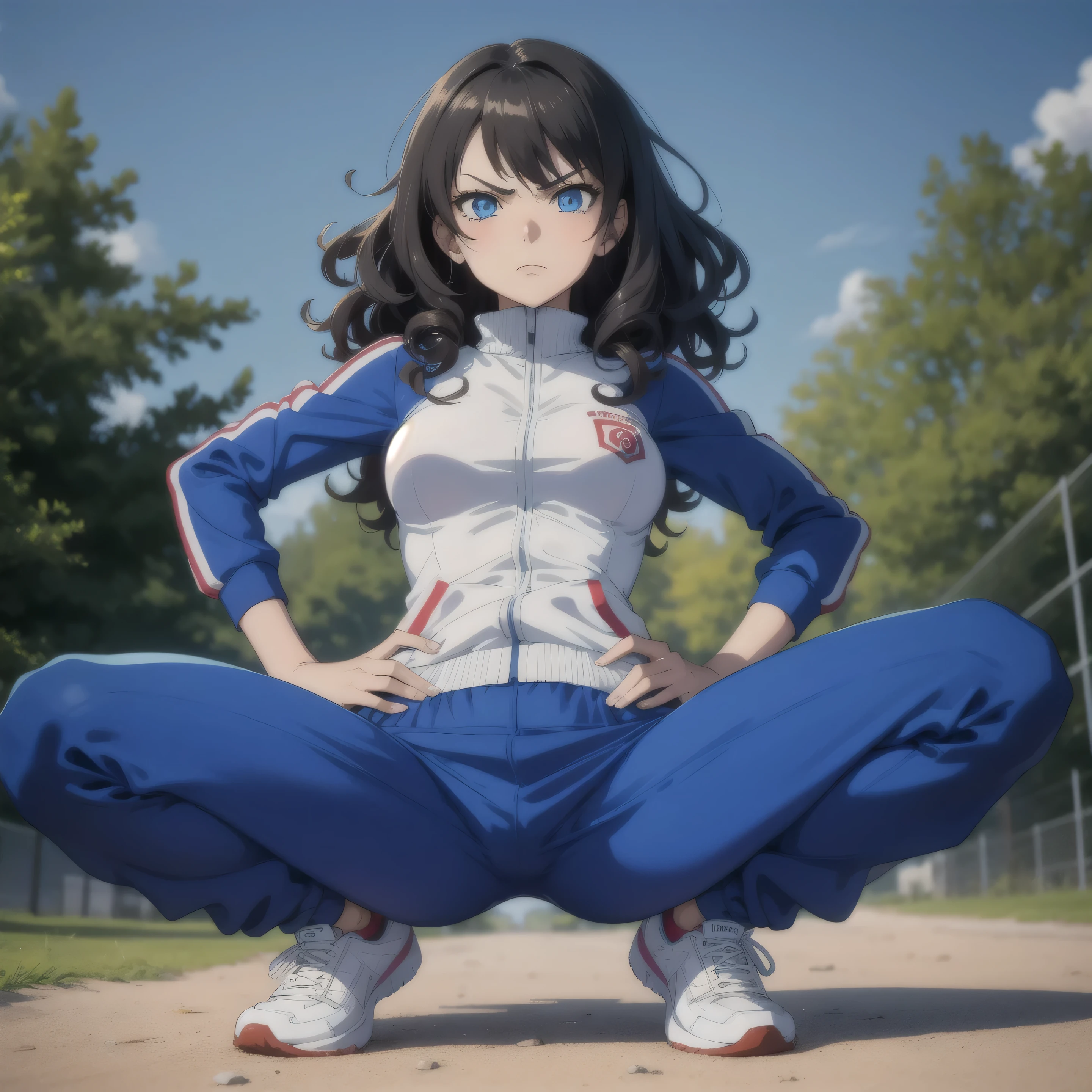 1girl,  angry, curly hair, looking at viewer,(beautiful detailed blue eyes), (Persona), squatting, spread legs,amagi_yukiko, (track suit pants), (hand on hips), (from below:1.1), (line off), full body View, outdoor