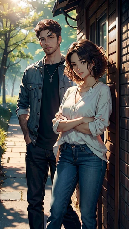 (Masterpiece, Best Quality, photograph-realistic), (Nature Scene, 8K Wallpaper, High resolution), Perfect Anatomy, Cinematic lighting, Physically-based rendering, Award-winning, highly-detailed skin, extra detailed face, Eyes with beautiful details, Carl Zeiss 24-70mm f/2.8, (2 adults, a couple:1.5), Happily married couple, both in their 30s, (Hair: Brown, Curly, Long for her, Short for him), (Outfit: Casual yet stylish, matching earthy tones), (He's wearing pants, She's wearing a max