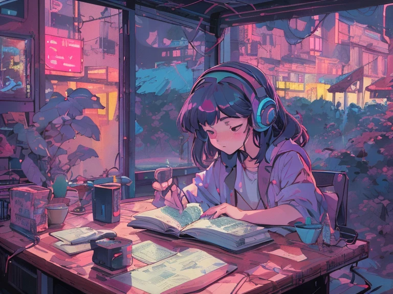 (zero), Person studying at table, I read a book, Use a headset, , Night Light, Neon scenery on a rainy day,Analog Color Theme, Lo-fi Hip Hop , retrospective, flat, 2.5D ,Line art, Digital ink drawing, Big incline, watercolor, Col Gouche, スタジオGhibli style, amazing colors, Out turn, Synthwave, Arte zero,90s Style,Old Texture, amplitude,90s vibe, Master Parts, A huge amount of skill、Ghibli style