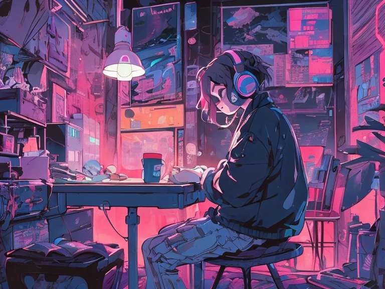 (zero), Person studying at table, I read a book, Use a headset, , Night Light, Neon scenery on a rainy day,Analog Color Theme, Lo-fi Hip Hop , retrospective, flat, 2.5D ,Line art, Digital ink drawing, Big incline, watercolor, Col Gouche, スタジオGhibli style, amazing colors, Out turn, Synthwave, Arte zero,90s Style,Old Texture, amplitude,90s vibe, Master Parts, A huge amount of skill、Ghibli style