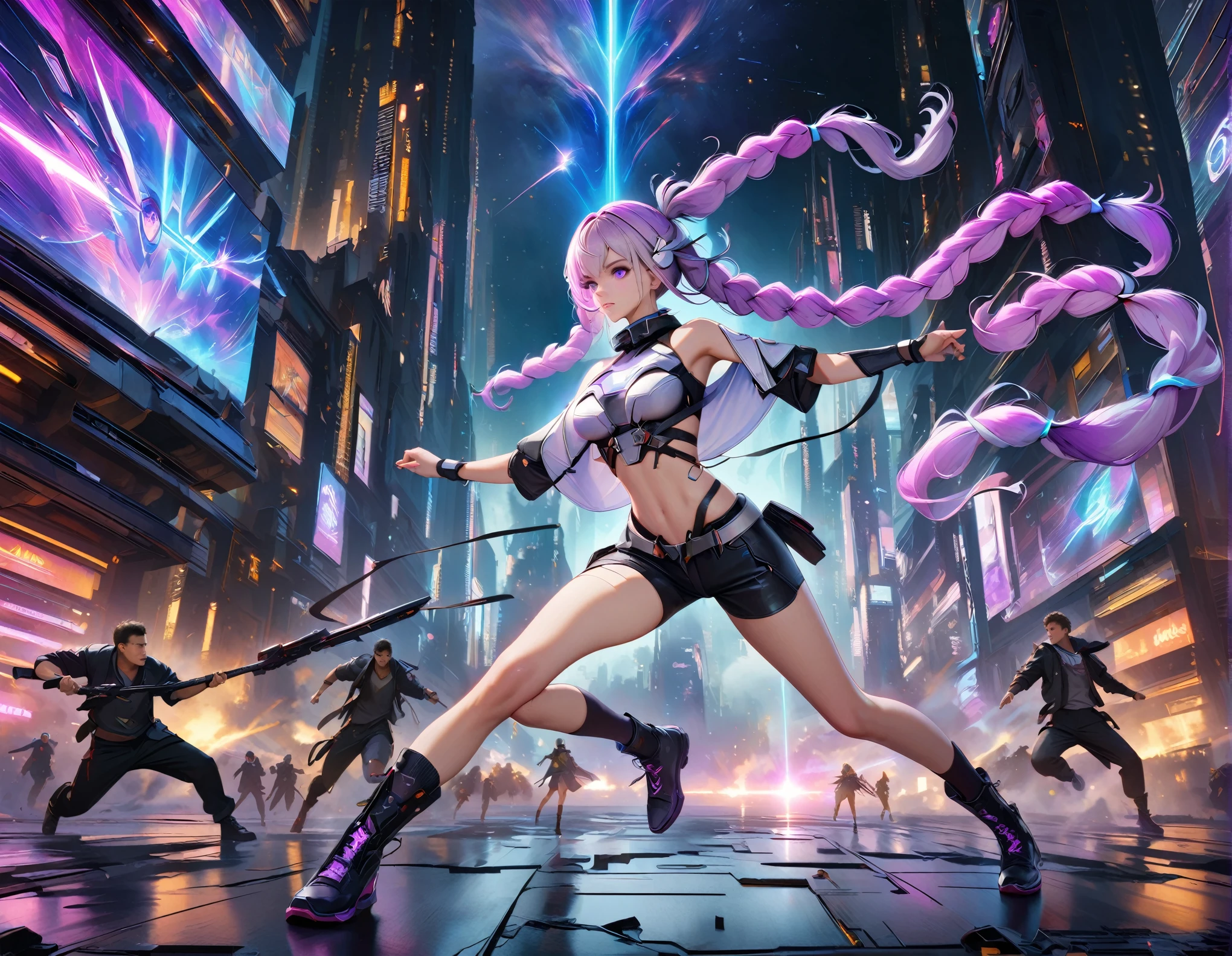 1girl, Purple Hair, Purple Eyes, White long hair, Double ponytails, Gradient hair, brave, White Mech SuitBREAK Black Mech Shorts, (Fighting with a boy:1.5)，panoramic，whole body，Starry Sky，Cyber War Background，Complex atmosphere，Cyberpunk，electric，Fantasy, (UHD, masterpiece, ccurate, anatomically correct, best quality, 8k), 1yj1