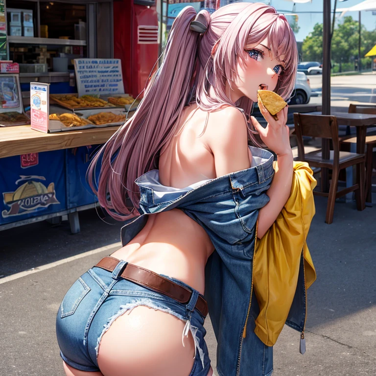 A woman in full-zip shorts eats a tlayuda at a taco stand　Jeans have a belt　　　With side slits　Big Ass　　Upper body naked