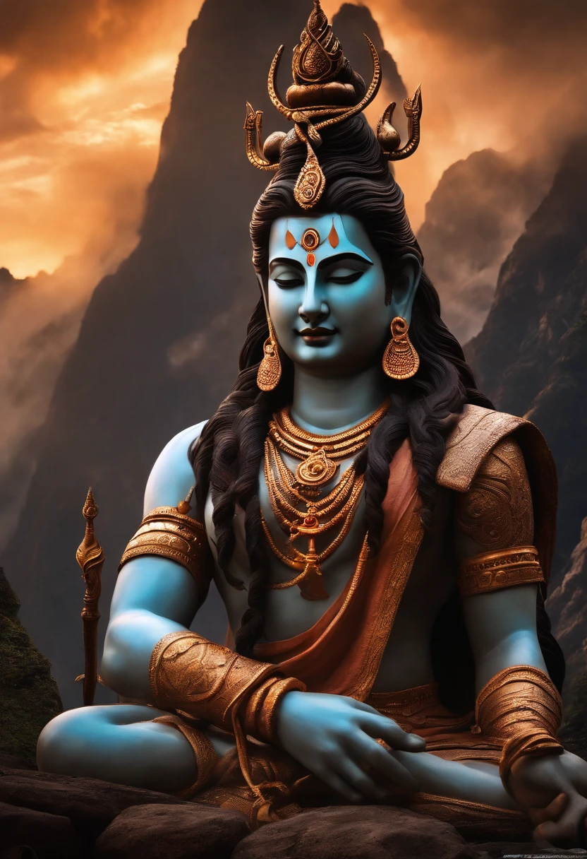 Lord Shiva sitting on kailash mountain open third eye fire comes out holding trishul, the fiercest form of Lord Shiva and goddess Parvati toge, Hyper-realistic, intricate details, Cinematic Lighting, DC Poster like Feel