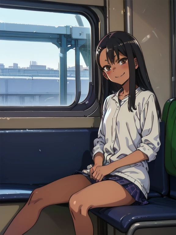 (1) Sitting alone on a long seat in a train,Sit with your legs apart,Composition from the front,Low - Angle,
(2) I&#39;m a jk, She is wearing a uniform consisting of a miniskirt, sailor suit and loose socks.,White panties ,
(3) I have medium length brown hair,
(4) The expression is provocative and smirking.,
(5) The location is a long seat on the Yamanote Line at night.,There are no other customers,The view outside the window is the night view of the city