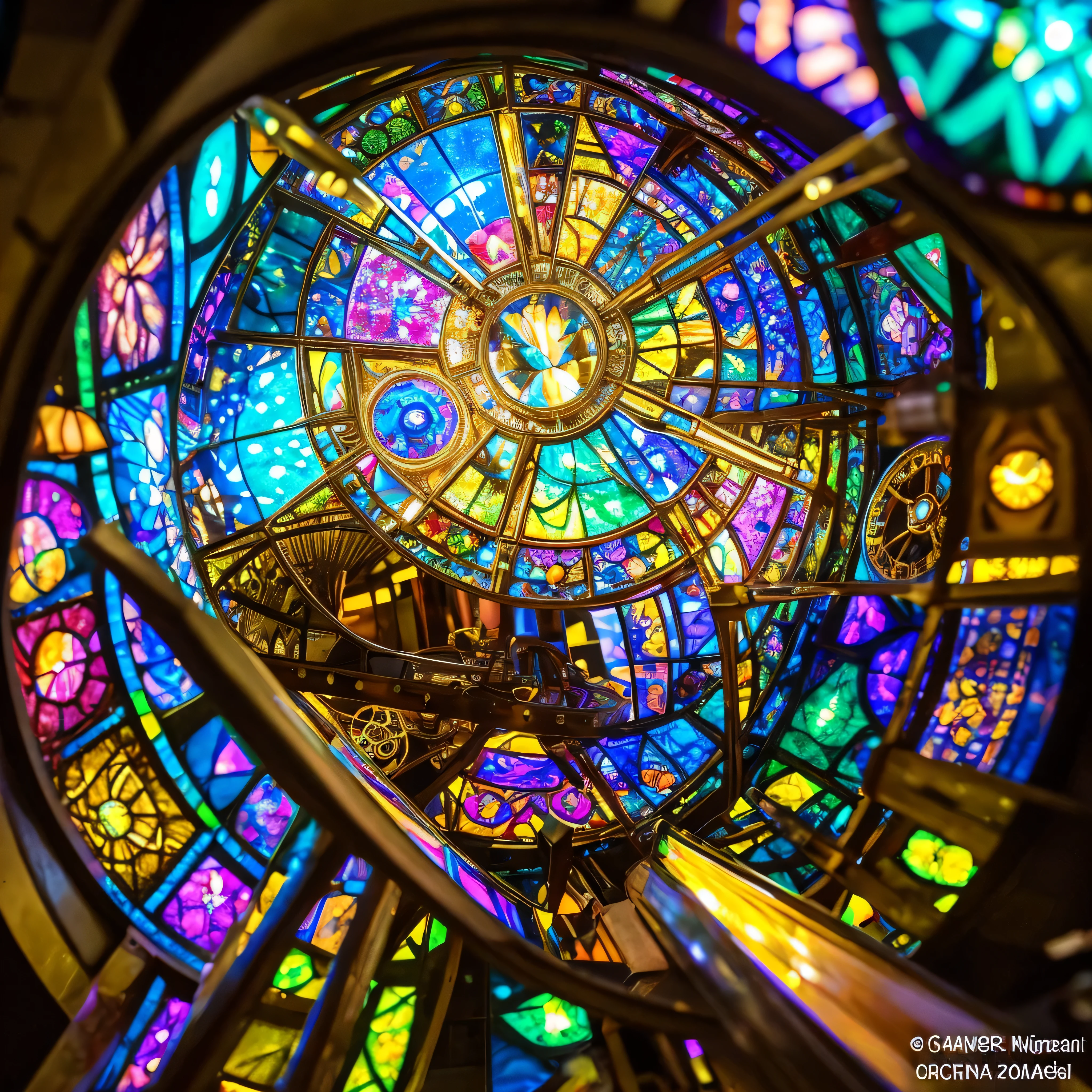 highest quality, Great quality, 16k, Unbelievably absurd, Very detailed, delicate and dynamic, A stained glass kaleidoscope made of gemstones of different colors, Mechanical Mechanism, Clockwork Machine, and gear mechanism, A monochrome girl peering into it, (Heterochromia iridis, Star-shaped pupil, Heart-shaped pupils), Lighting Effects, Prism Effect, Mirror Effect, Rainbow World Artwork