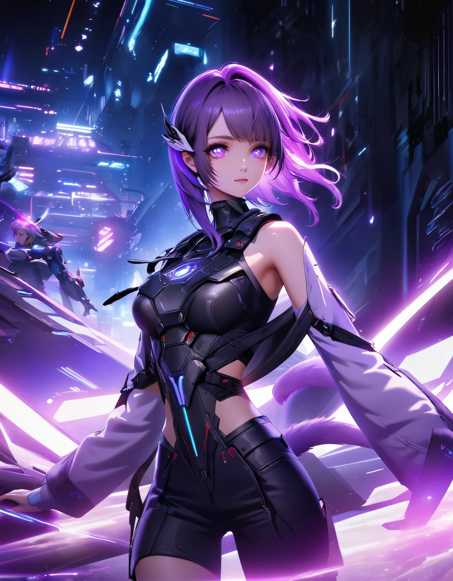 A girl，Gradient purple hair，Double tail，Purple pupils，Blue-purple hue，Sci-fi scene with blue background，neon，FF15 style, perfect robot girl，Atmospheric lighting effects，Game cg style，Delicate texture