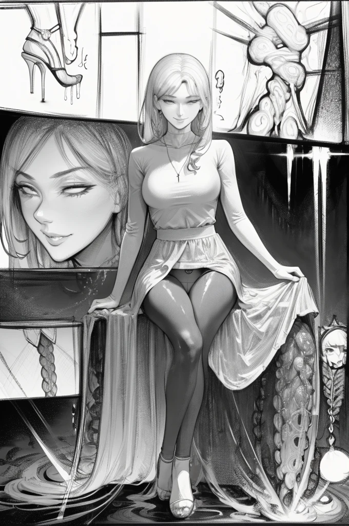 The beautiful girl in lace top and leggings is sitting astride a pile of skeletons in the center of the picture. She is holding a trembling sausage with juice squeezed out in her hand and smiling. There are multiple comic storyboards in the background，cbt, sausage bondage,sausage insertion,Sexy, trampling sausage with high heels heel,(masterpiece, best quality:1.2)，1 beautiful girl,sexy，comic storyboard:2, leggings, sit astride, axially symmetrical:2, ,femdom，sounding，cbt，hold，smile，colorful，leggings，thin gap，cameltoe，insertion，trembling，juice，spray， Long hair,Lace top,Sexy, Shiny leggings, High heel，cleveage, trampling, in forest, saliva , Mucus，