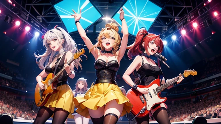 (anime) (cartoon) (ILLUSTRATION) (dibujo) A five-piece female band is performing at a concert in London. ,cuyo emblema es la P. They're on stage at night, cantando su tema flores amarillas, They wear geometric costumes that have rhombus figures., triangles, with bows. The drummer has an injury to her knee but the public cheers and loves them.