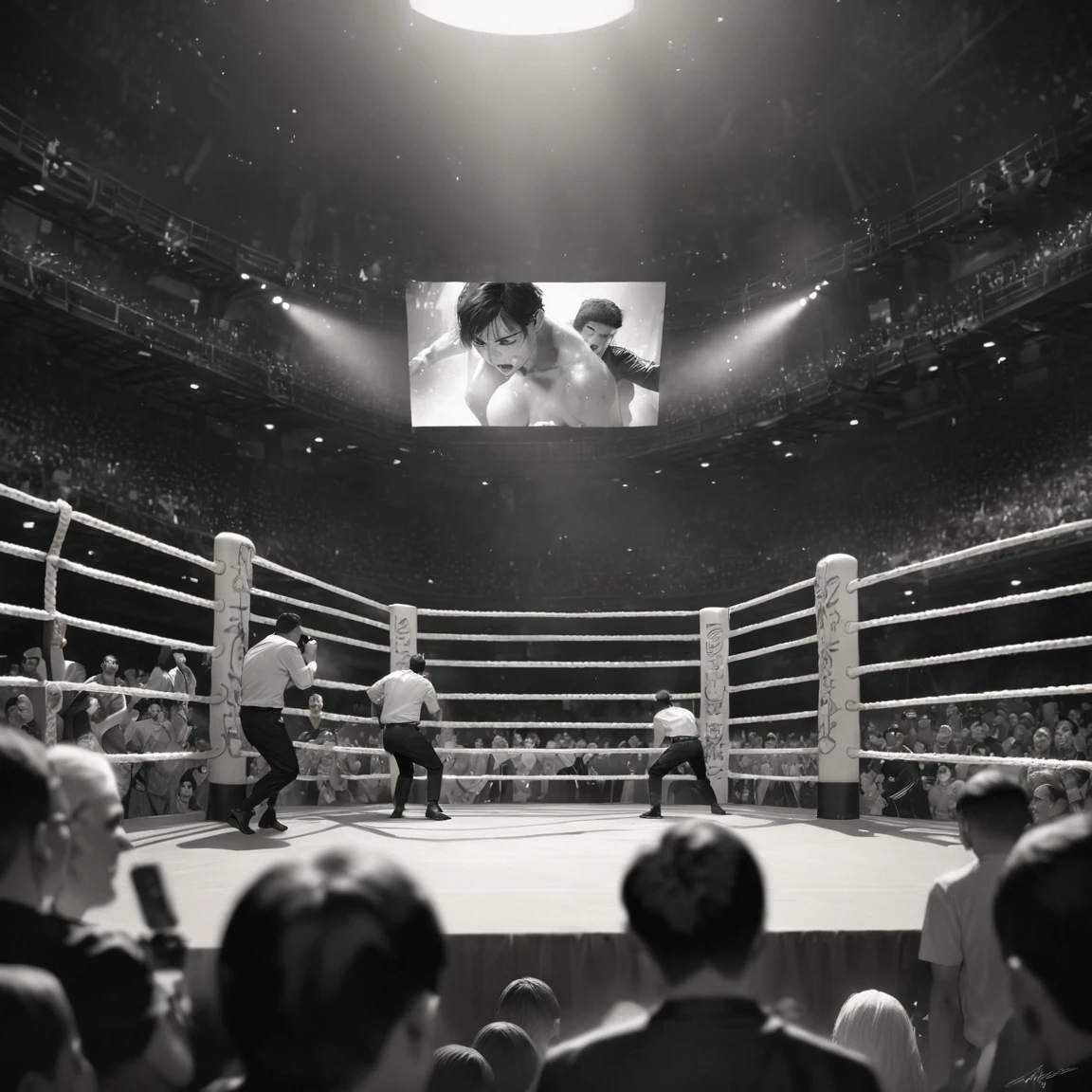 (((Black and white photography:1.5))), ((masterpiece, highest quality, Best image quality, High resolution, Realistic, RAW Photos, 8k)), (Three men, one white boxer, One black boxer, One Referee), (Many other spectators), rest１Final fight scene of the round, They are fighting desperately, Even in black and white, the game is breathtaking., Boxer gloves punching each other with motion blur effect, Sweat flying from the boxers of two men, Heat rising, (Detailed Background Boxing Ring, Boxing Arena, In the dark stadium,A light that illuminates the ring), (Outside the ring, the crowd gets excited about the match., Many spectators, The audience shouting in their own way), ((The characters are depicted small to give a sense of the overall game.))