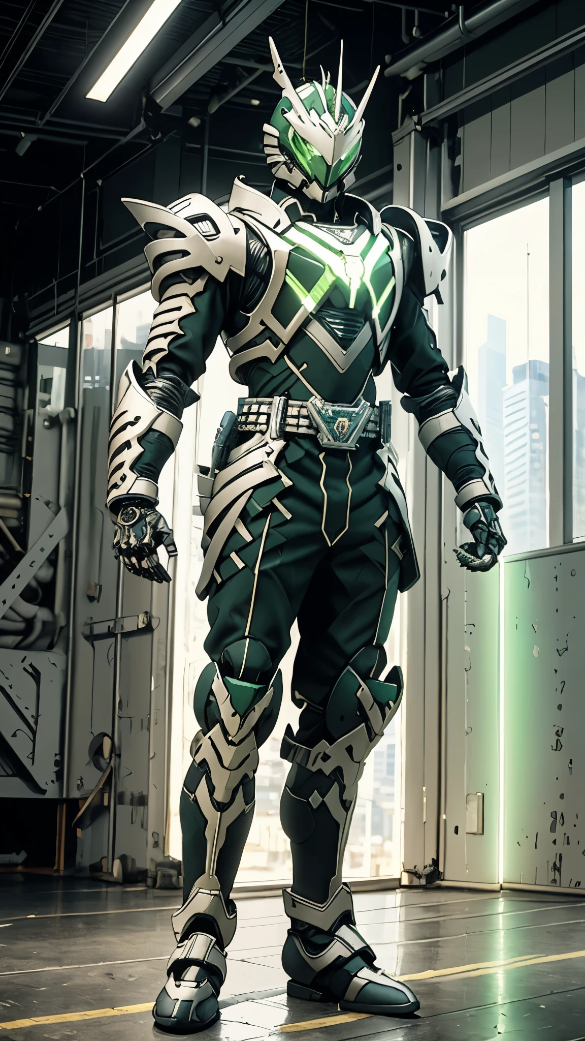 A man wearing a full-face helmet, a fantasy-style biotech armored combat suit, green eyes, (a composite layered chest armor), fully enclosed shoulder guards, matching arm and leg guards, the belt is adorned with Horseshoe-shaped marker, (the color scheme is primarily white with green accents), the design balances heavy with agility, a high-tech bio-mecha armor, (Armor Concept Inspired by Unicorn, stand on the top of a skyscraper in a futuristic sci-fi city), this character embodies a finely crafted fantasy-surreal style armored hero in anime style, exquisite and mature manga art style, (battle damage, element, plasma, energy, the armor glows), ((male:1.5)), metallic, real texture material, dramatic, high definition, best quality, highres, ultra-detailed, ultra-fine painting, extremely delicate, professional, perfect body proportions, golden ratio, anatomically correct, symmetrical face, extremely detailed eyes and face, high quality eyes, creativity, RAW photo, UHD, 32k, Natural light, cinematic lighting, masterpiece-anatomy-perfect, masterpiece:1.5