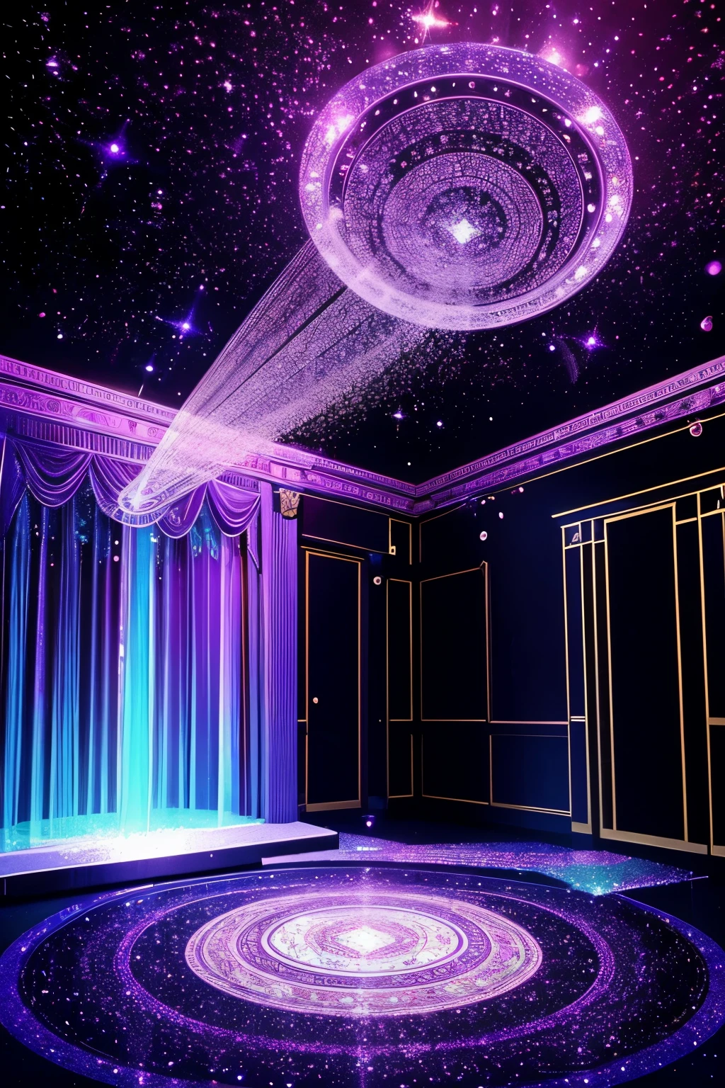 best quality, super fine, 16k, delicate and dynamic, 4D artwork, transparent and translucent empty plastic bottle falling from the ceiling, glittery velvet room, iridescent magic circle on the floor, various image effects