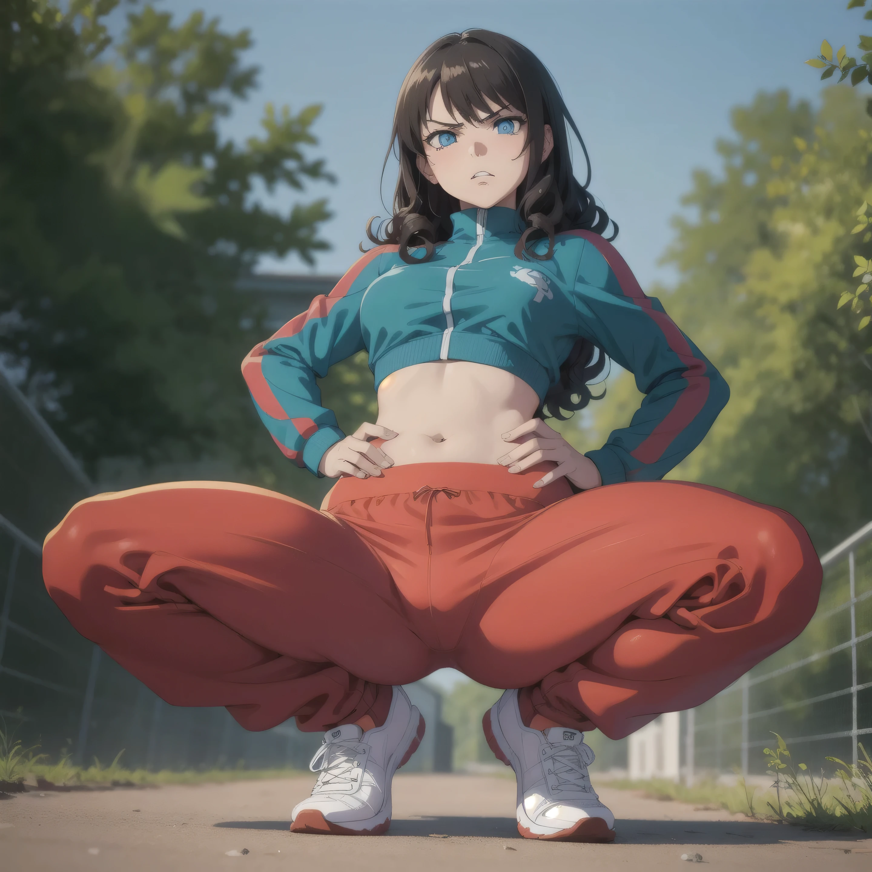 1girl, angry, curly hair, looking at viewer,(beautiful detailed blue eyes), (Persona), squatting, spread legs,amagi_yukiko, (track suit pants), (hand on hips), (from below:1.1), (line off), full body View, fantasy outdoor