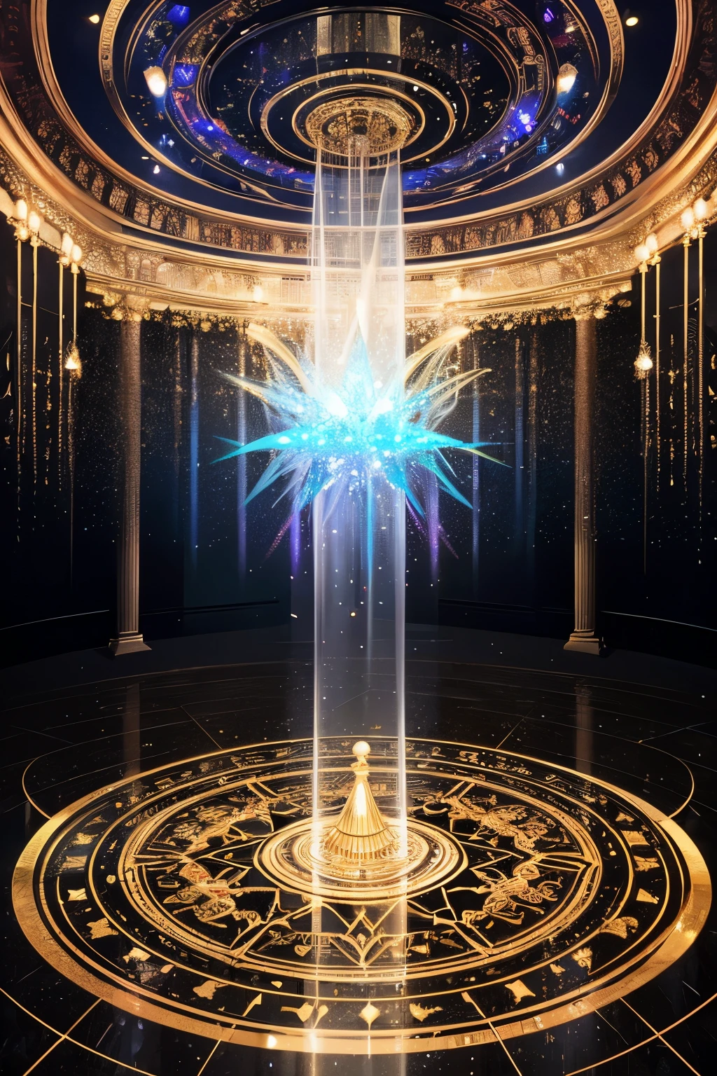 best quality, super fine, 16k, delicate and dynamic, 4D artwork, transparent and translucent empty plastic bottle falling from the ceiling, glittery velvet room, iridescent magic circle on the floor, various image effects