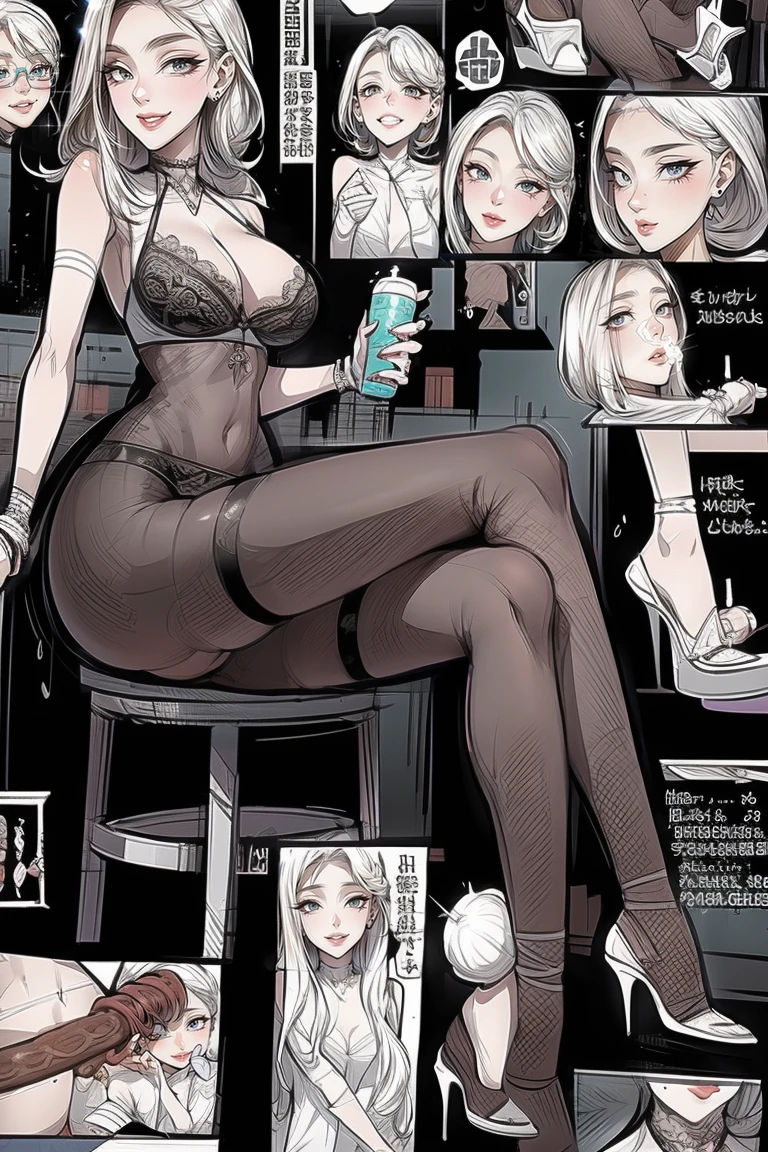 The beautiful girl in lace top and leggings is sitting astride a pile of skeletons in the center of the picture. She is holding a trembling sausage with juice squeezed out in her hand and smiling. There are multiple comic storyboards in the background，cbt, sausage bondage,sausage insertion,Sexy, trampling sausage with high heels heel,(masterpiece, best quality:1.2)，1 beautiful girl,sexy，comic storyboard:2, leggings, sit astride, axially symmetrical:2, ,femdom，sounding，cbt，hold，smile，colorful，leggings，thin gap，cameltoe，insertion，trembling，juice，spray， Long hair,Lace top,Sexy, Shiny leggings, High heel，cleveage, trampling, in forest, saliva , Mucus，