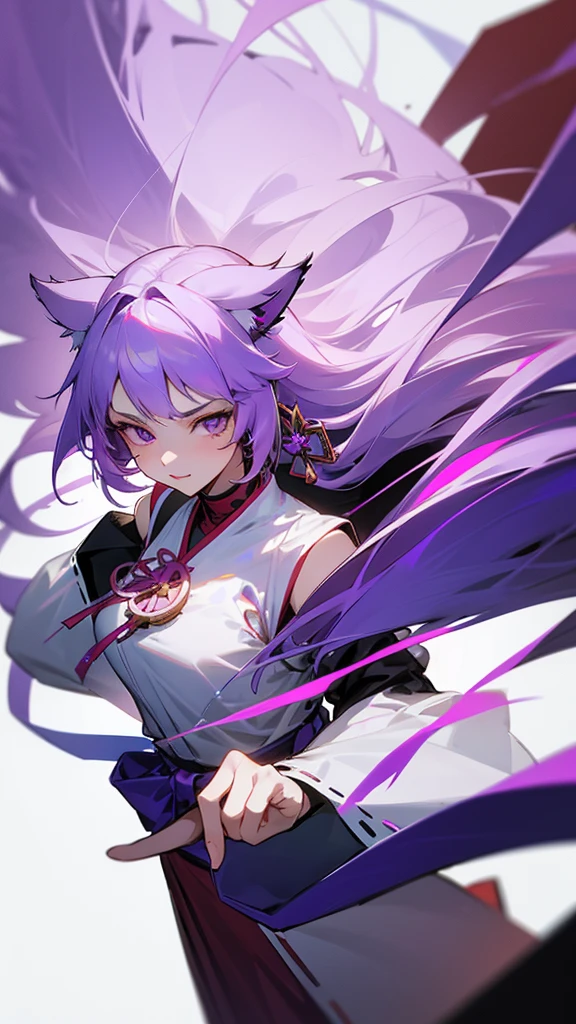 highest quality Neutral face woman I have long hair kind Odd Eye one person White and purple hair Miko costume beautiful girl Cat ear Unfriendly