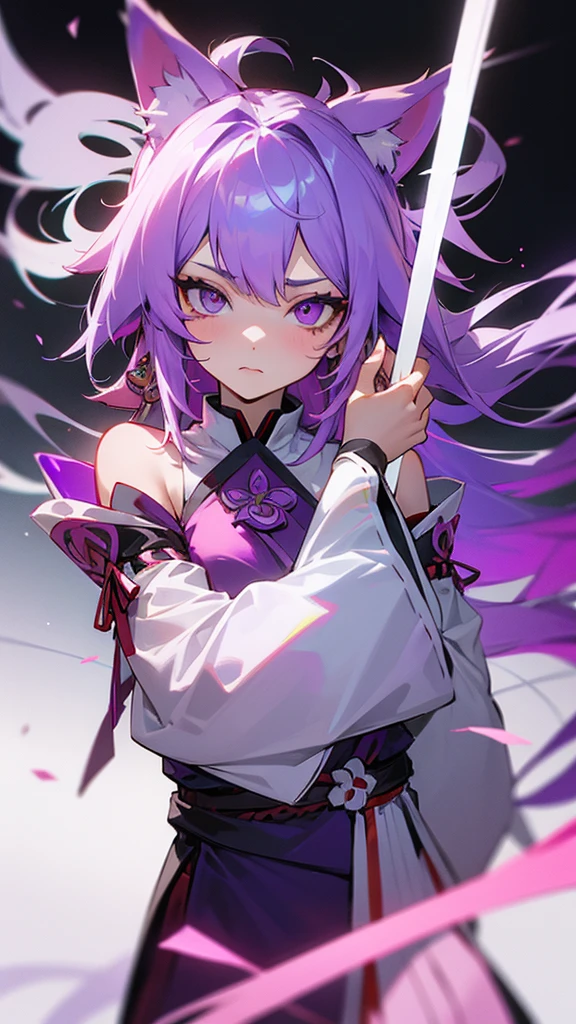 highest quality Neutral face woman I have long hair kind Odd Eye one person White and purple hair Miko costume beautiful girl Cat ear Unfriendly