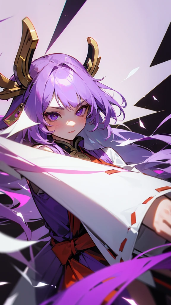 highest quality Neutral face woman I have long hair kind Odd Eye one person White and purple hair Miko costume beautiful girl Cat ear Unfriendly