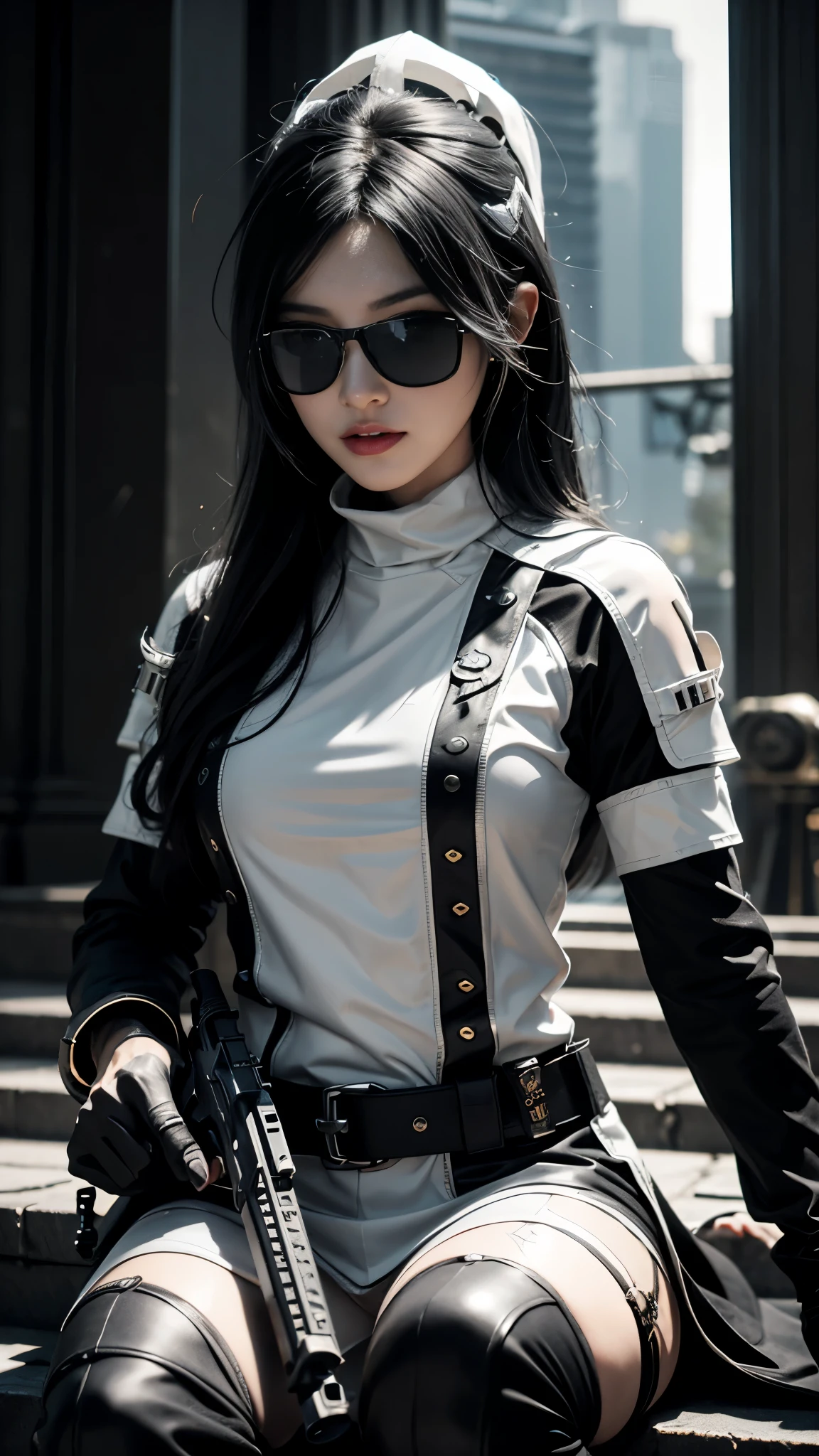8K, UHD, masterpiece, 1 girl, detailed face, smart face, ((sunglasses)), detailed eyes, sniper rifle in hand, battleroyal, call of duty cosplay, call of duty modern warfare 3, ((ghost tribe)), ((black and white cosplay:1.5)), belts, gun, methic gun, futuristic art, cyberpunk lihting, ultra extreme graphics, RTX 4090, ray tracing, bloom, depth of field, motion blur, sitting,