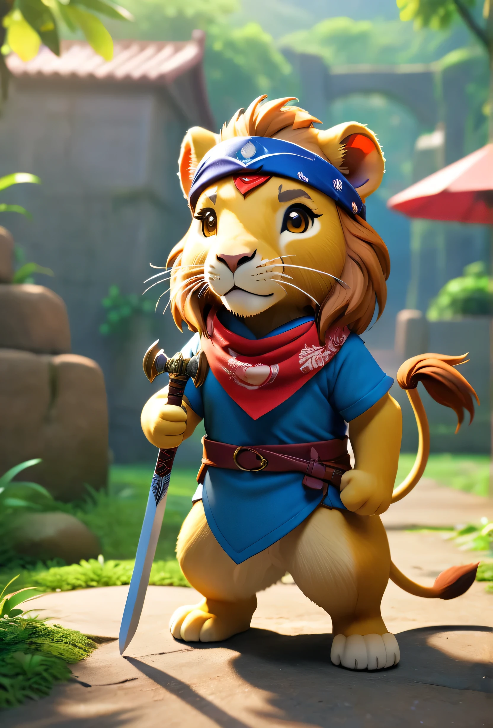 full body anthropomorphic lion、Cool lion、Pop Capybara、Cute lion、diorama、symple background、bandana、Holding a sword in your hand、​headset, masterpiece, Best Quality, Capture super cute moments, depth of fields, ultra-detailliert, Ultra High Resolution, Octadale, 8K, 16 K