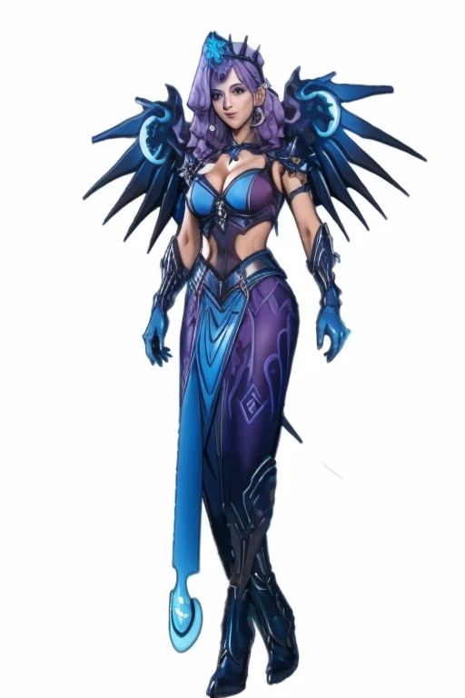 1 Girl,Solitary, (((Large Breasts、Low-cut，Cleavage, Wide hips,)))(Long legs)all star,crown,Gloves,breastplexiste,armor,Mechanical Wing,long skirt,Pelvic Curtain,blue eyes,Purple Hair,long hair,Wavy Hair,crescent earrings,Crescent hair accessories,night,Gothic architecture,cowboy_shooting,Watching_exist_Viewer,Smile,, masterpiece,best quality,High resolution,Ultra-high resolution,(Abstract Art:1.2),2d,(Very detailed),(rich and colorful),(Strong expression),(fashionable),