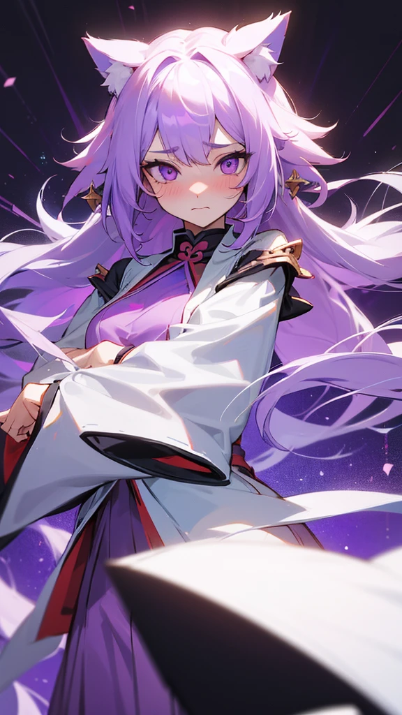 highest quality Neutral face woman I have long hair kind Odd Eye one person White and purple hair Miko costume beautiful girl Cat ear Embarrassed