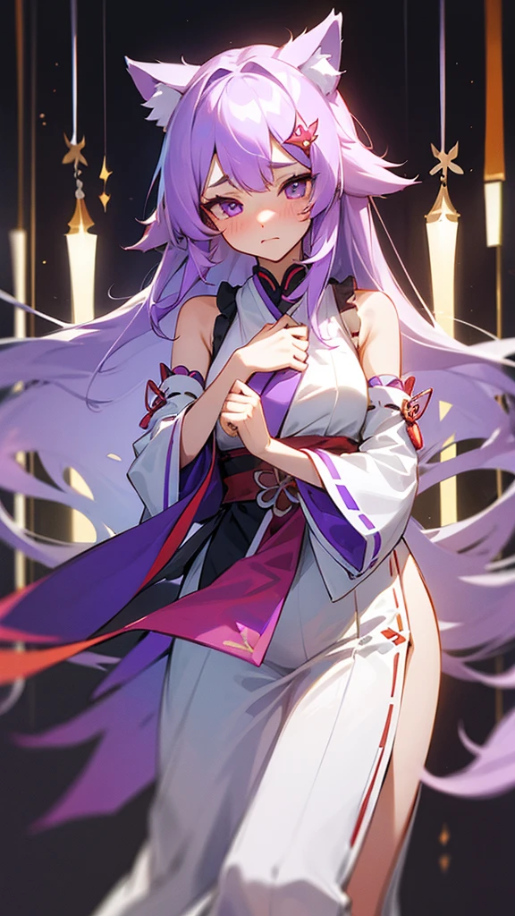 highest quality Neutral face woman I have long hair kind Odd Eye one person White and purple hair Miko costume beautiful girl Cat ear Embarrassed