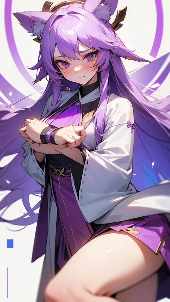 highest quality　Neutral face　woman　I have long hair　kind　Odd Eye　one person　White and purple hair　Miko costume　beautiful girl　Cat ear　Embarrassed