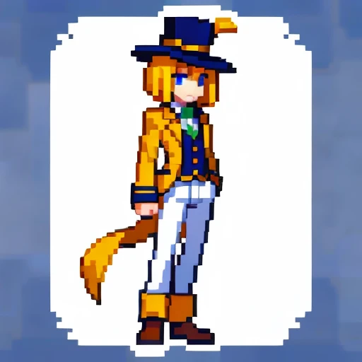 Pixel art, full body, facing left (important), alone, standing upright, small yellow top hat, long sleeve tuxedo with open front, boots. Hair color: Light medium blonde bob with parted bangs. Eye color: Blue eyes. Above: He wears an orange long-sleeve tuxedo with an open front and a yellow vest underneath. Shirt: He wears a white shirt and green tie. Trousers: white pants. Shoes: Yellow boots.