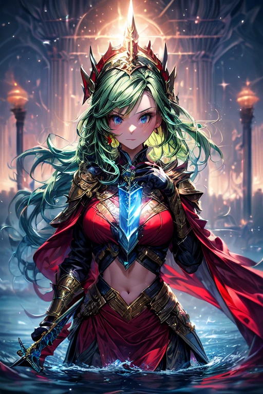 ((best quality)), ((masterpiece)), (detailed), perfect face, sea dragoness, young girl, light green hair, maroon cloak, water dagger, fierce, playfully dancing on top of the water