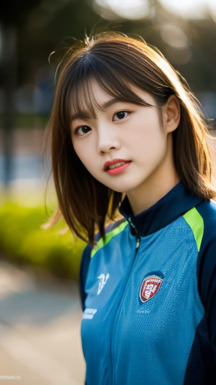 A girl named Sakura, Medium Hair, Brown Hair, Wavy Hair, 23 years old, busty, Slender, Round face, drooping eyes, shy, player's perspective, Backlight Flare, f/1.2, 50mm, Hasselblad, UHD, retina, masterpiece, ccurate, anatomically correct, textured skin, super detail, high details, high quality, best quality, highres, 1080P, HD, 4K, 8k, training wear