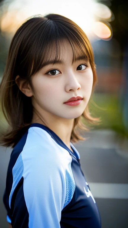 A girl named Sakura, Medium Hair, Brown Hair, Wavy Hair, 23 years old, busty, Slender, Round face, drooping eyes, shy, player's perspective, Backlight Flare, f/1.2, 50mm, Hasselblad, UHD, retina, masterpiece, ccurate, anatomically correct, textured skin, super detail, high details, high quality, best quality, highres, 1080P, HD, 4K, 8k, training wear