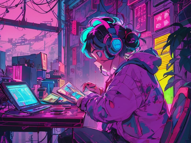 Person studying at table, I read a book, Use a headset, , Night Light, Neon scenery on a rainy day,Analog Color Theme, Lo-fi Hip Hop , retrospective, flat, 2.5D ,Line art, Digital ink drawing, Big incline, watercolor, Col Gouche, スタジオGhibli style, amazing colors, Out turn, Synthwave, Arte Zero,90s Style,Old Texture, amplitude,90s vibe, Master Parts, A huge amount of skill、Ghibli style、16 : 9