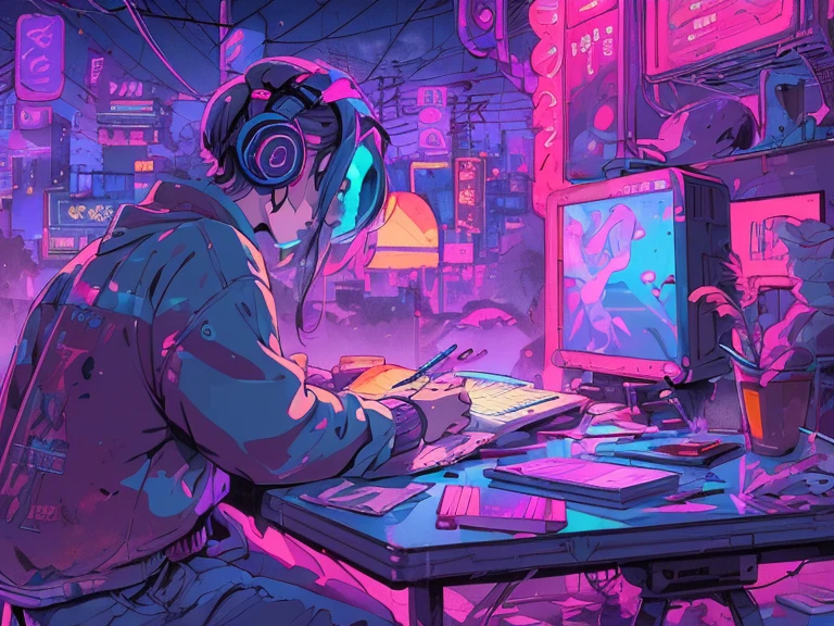 Person studying at table, I read a book, Use a headset, , Night Light, Neon scenery on a rainy day,Analog Color Theme, Lo-fi Hip Hop , retrospective, flat, 2.5D ,Line art, Digital ink drawing, Big incline, watercolor, Col Gouche, スタジオGhibli style, amazing colors, Out turn, Synthwave, Arte Zero,90s Style,Old Texture, amplitude,90s vibe, Master Parts, A huge amount of skill、Ghibli style、16 : 9